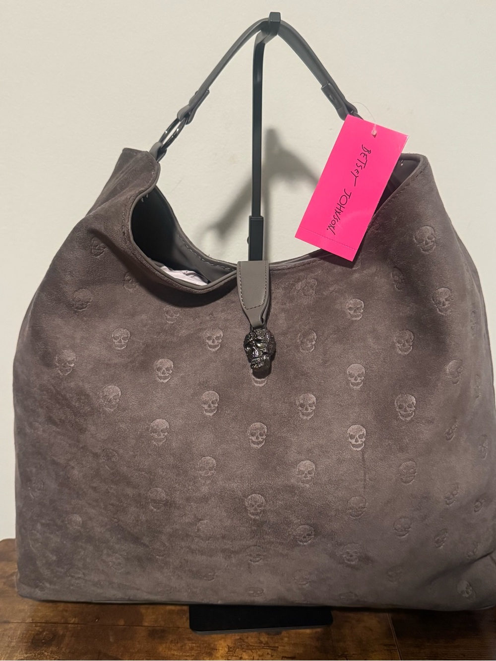 Betsey Johnson Skull-Embossed Suede Hobo Bag in Gray Brand New